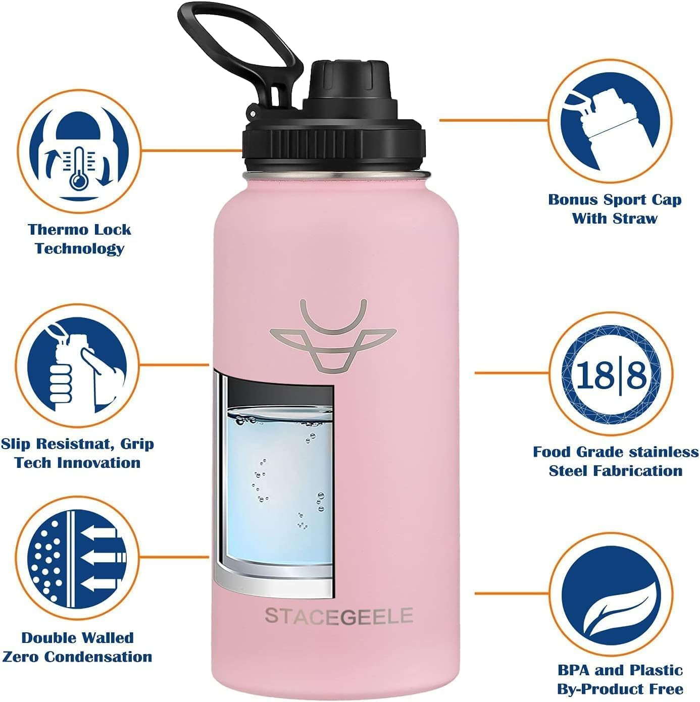 STACEGEELE Insulated Stainless Steel Vacuum Water Bottle with Spout Lid & Screw-On Cap | Leak-Proof, Lightweight, Eco-Friendly Flask for Kids - Available in 18Oz, 24Oz, 32Oz, and 40Oz (32Oz Pink)