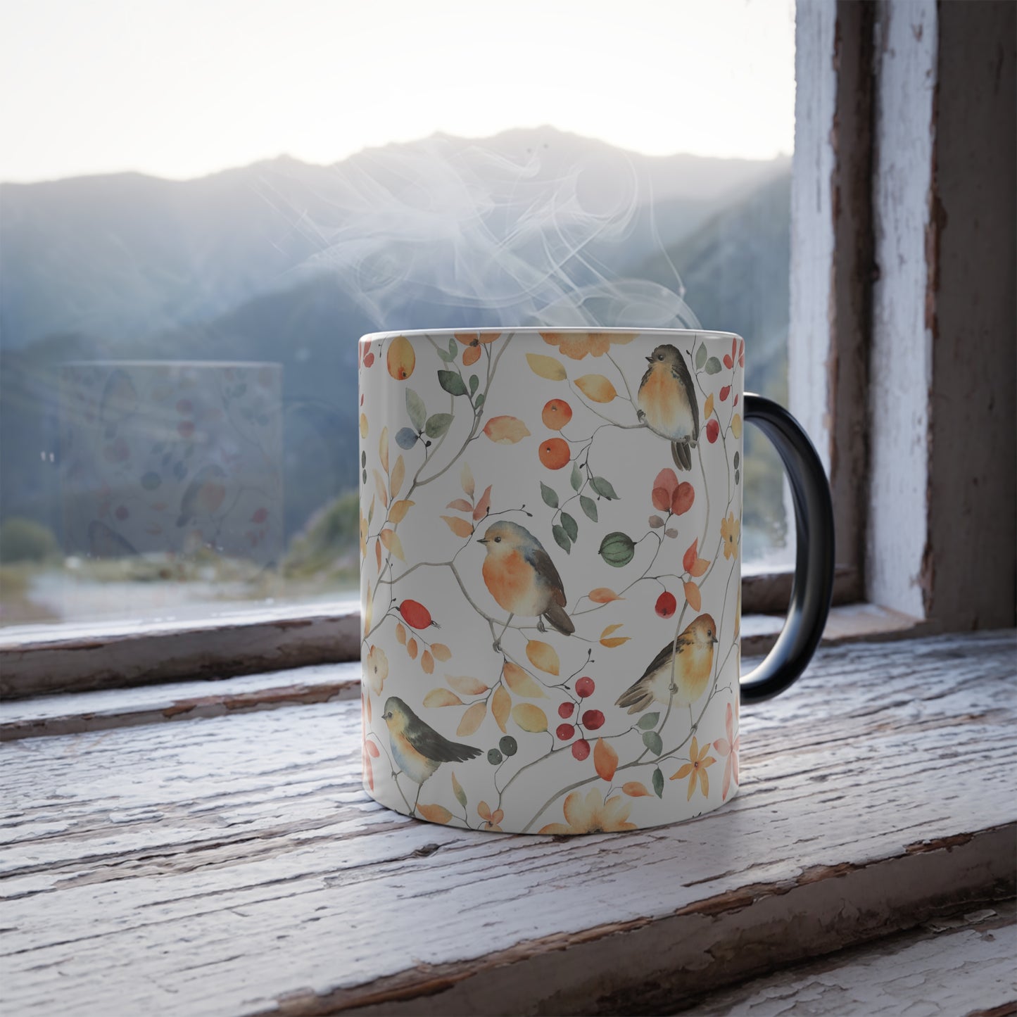 Color Changing Nature-Inspired Mug | 11oz Floral Design with Birds