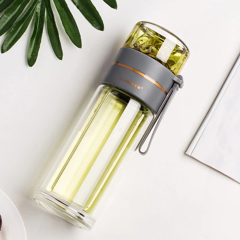 Glass Water Bottle with Tea Infuser Filter Tea Separation Double Wall Glass Bottle Leakproof Water Bottle